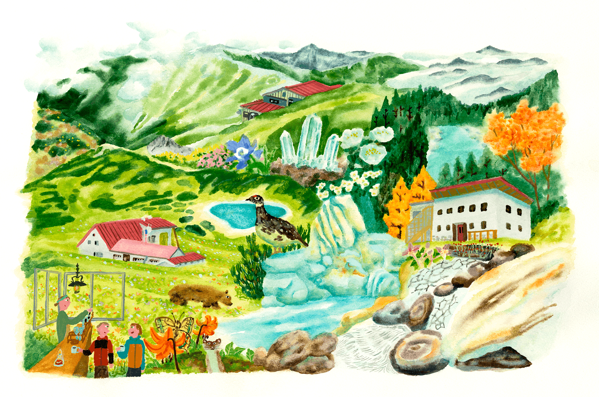 三俣山荘グループの位置関係を表現したイラスト地図 - 三俣山荘の位置を示す